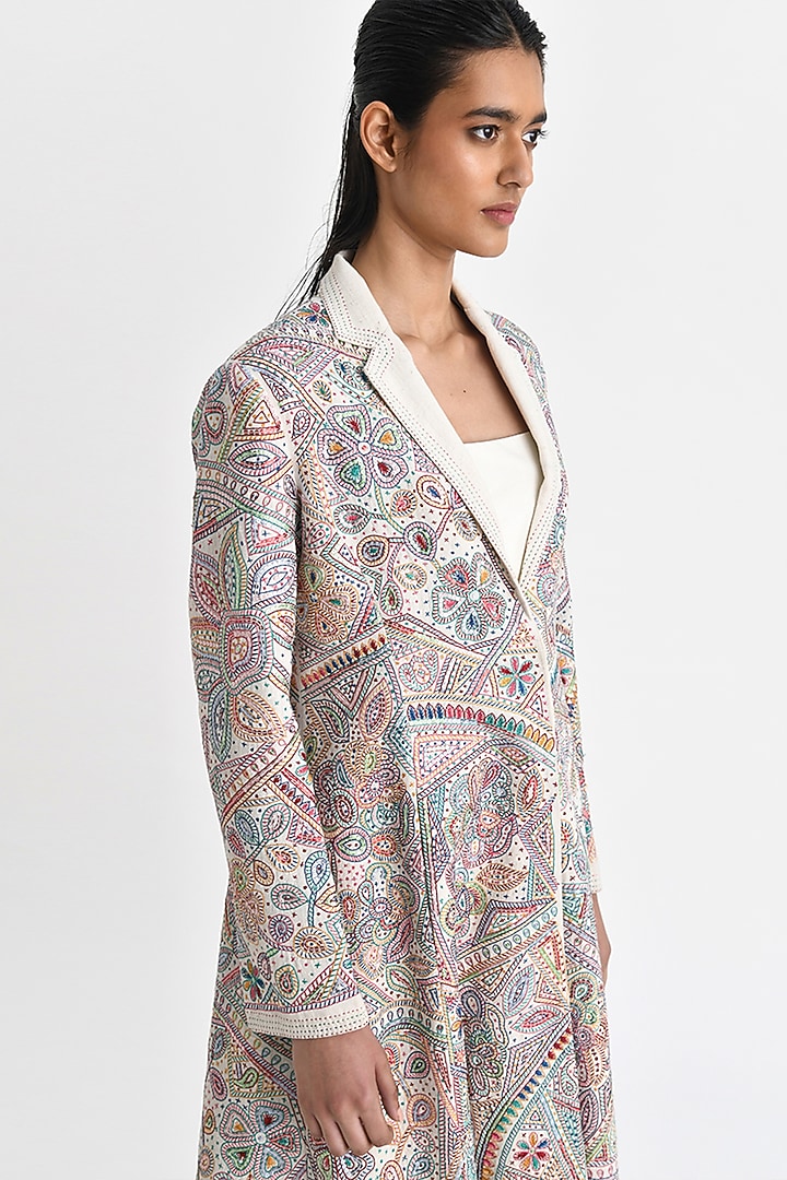 Ecru White Malkha Cotton Sequins Hand Embroidered Jacket by Payal Pratap at Pernia's Pop Up Shop