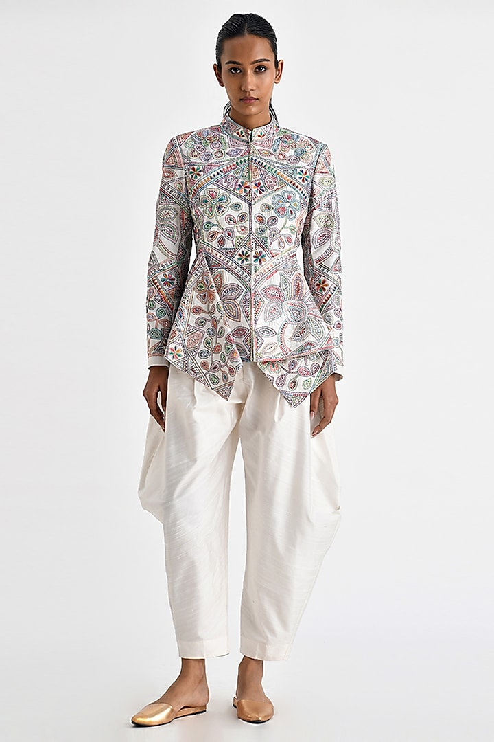 Ecru White Malkha Cotton Kedia Hand Embroidered Jacket by Payal Pratap at Pernia's Pop Up Shop