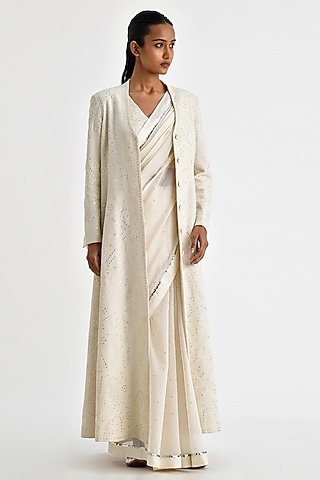 Ecru White Malkha Cotton Thread Embroidered A-Line Jacket by Payal Pratap