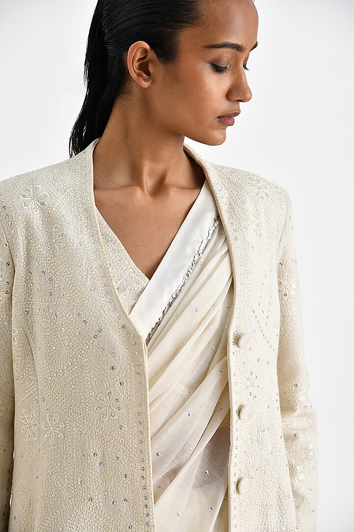 Ecru White Malkha Cotton Thread Embroidered A-Line Jacket by Payal Pratap at Pernia's Pop Up Shop