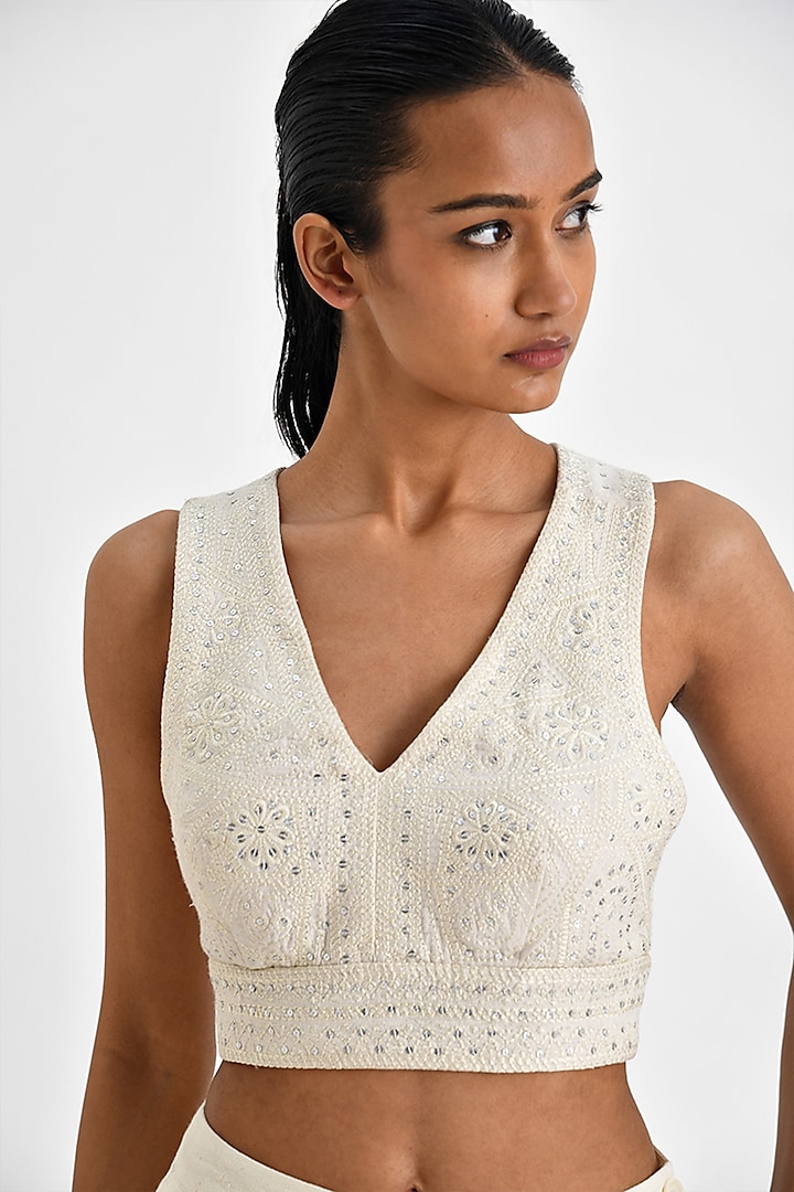 Ecru White Malkha Cotton Sequins Embroidered Top by Payal Pratap at Pernia's Pop Up Shop