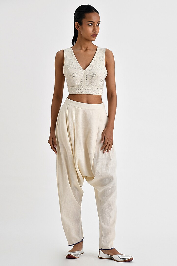 Ecru White Malkha Cotton Sequins Embroidered Top by Payal Pratap at Pernia's Pop Up Shop