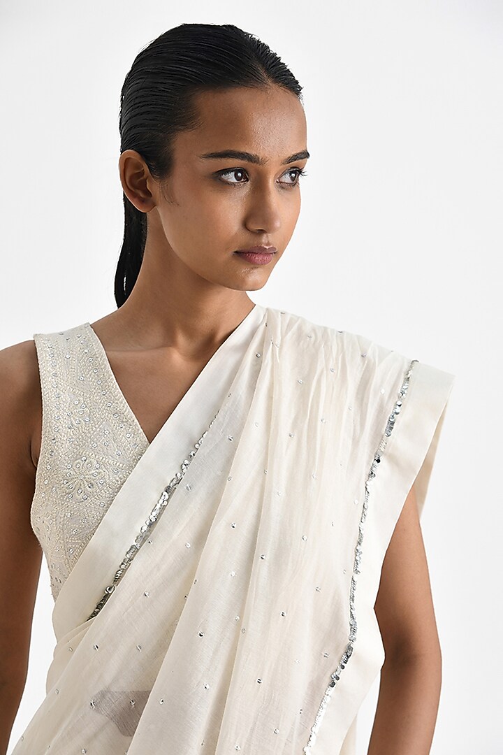 Ecru White Chanderi Sequins Embroidered Wedding Saree by Payal Pratap at Pernia's Pop Up Shop