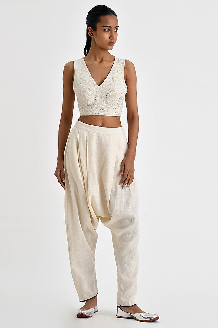 Ecru White Malkha Cotton Pants by Payal Pratap at Pernia's Pop Up Shop