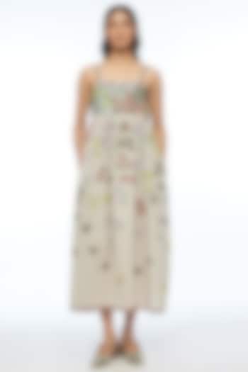 Beige Handloom Cotton Linen Applique Embellished Strappy Cocktail Dress by Payal Pratap at Pernia's Pop Up Shop