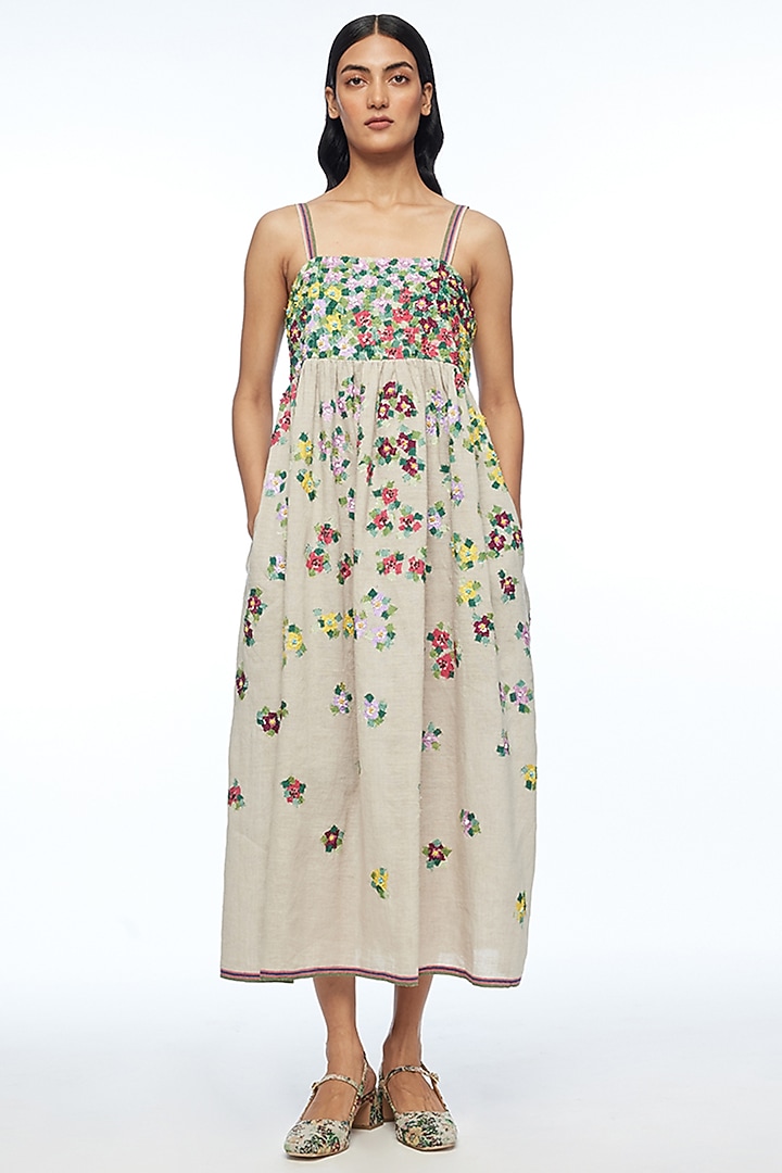 Beige Handloom Cotton Linen Applique Embellished Strappy Cocktail Dress by Payal Pratap at Pernia's Pop Up Shop
