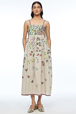Beige Handloom Cotton Linen Applique Embellished Strappy Dress by Payal Pratap