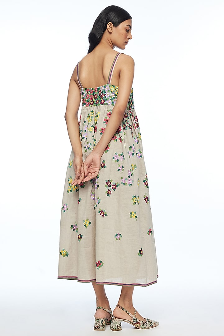 Beige Handloom Cotton Linen Applique Embellished Strappy Cocktail Dress by Payal Pratap at Pernia's Pop Up Shop