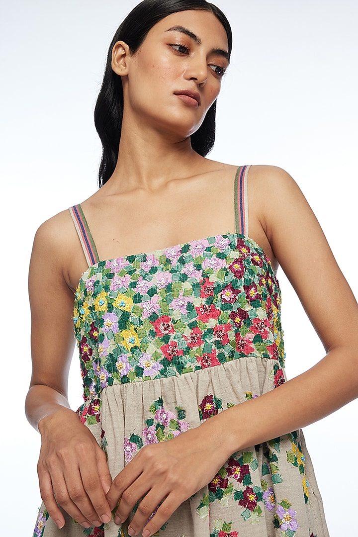 Beige Handloom Cotton Linen Applique Embellished Strappy Cocktail Dress by Payal Pratap at Pernia's Pop Up Shop