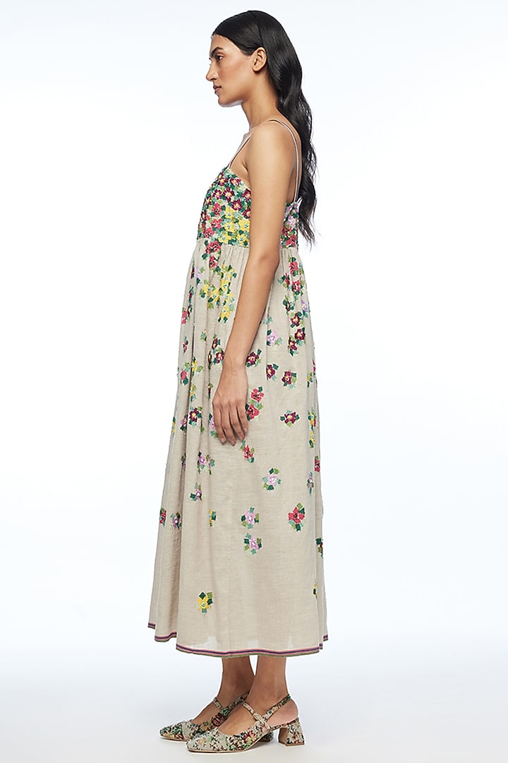 Beige Handloom Cotton Linen Applique Embellished Strappy Cocktail Dress by Payal Pratap at Pernia's Pop Up Shop