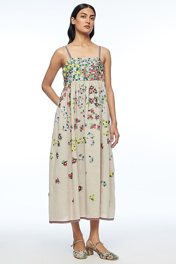 Beige Handloom Cotton Linen Applique Embellished Strappy Cocktail Dress by Payal Pratap at Pernia's Pop Up Shop