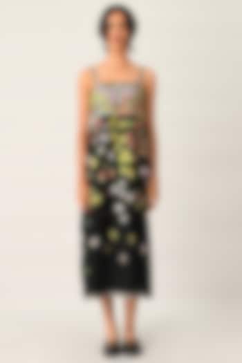 Black Handloom Linen Applique Embellished Strappy Cocktail Dress by Payal Pratap at Pernia's Pop Up Shop