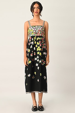 Black Handloom Linen Applique Embellished Strappy Dress by Payal Pratap