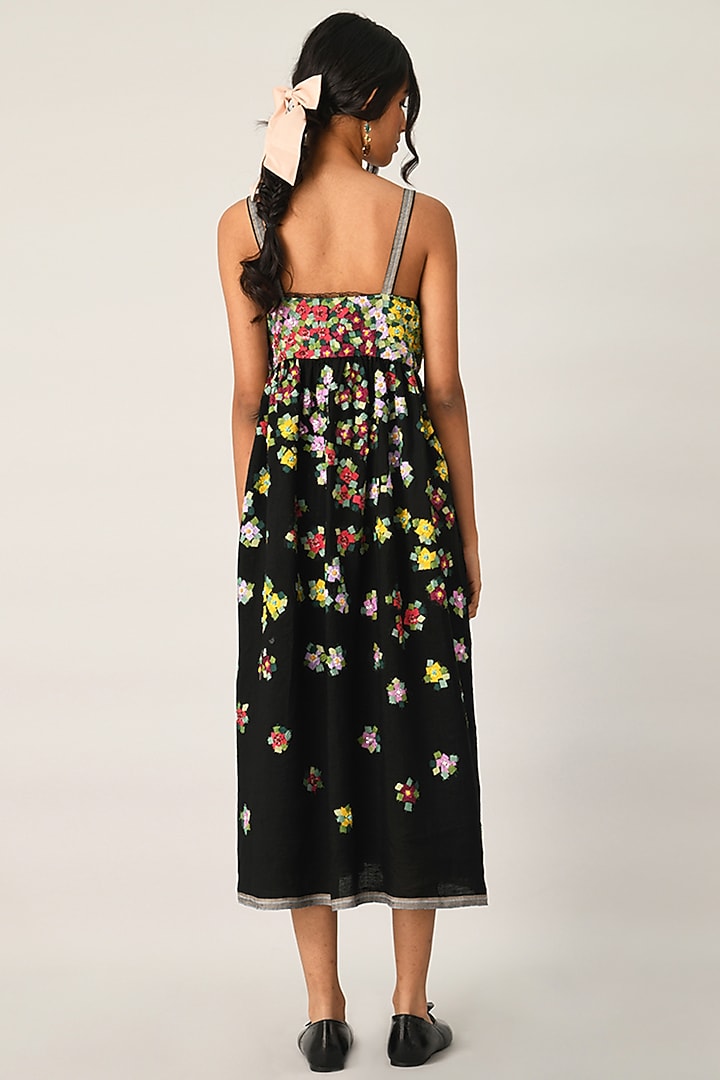 Black Handloom Linen Applique Embellished Strappy Cocktail Dress by Payal Pratap at Pernia's Pop Up Shop