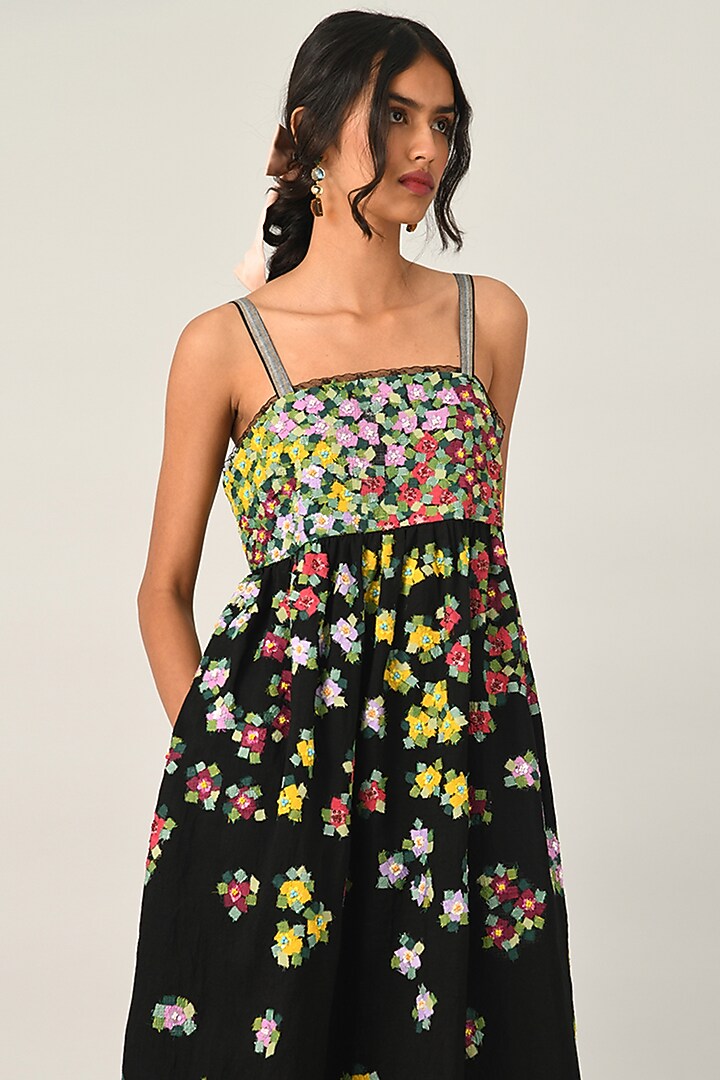 Black Handloom Linen Applique Embellished Strappy Cocktail Dress by Payal Pratap at Pernia's Pop Up Shop