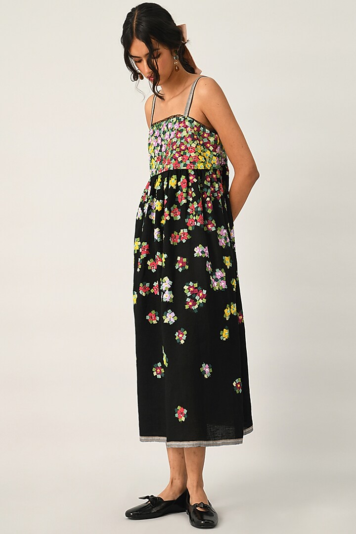 Black Handloom Linen Applique Embellished Strappy Cocktail Dress by Payal Pratap at Pernia's Pop Up Shop