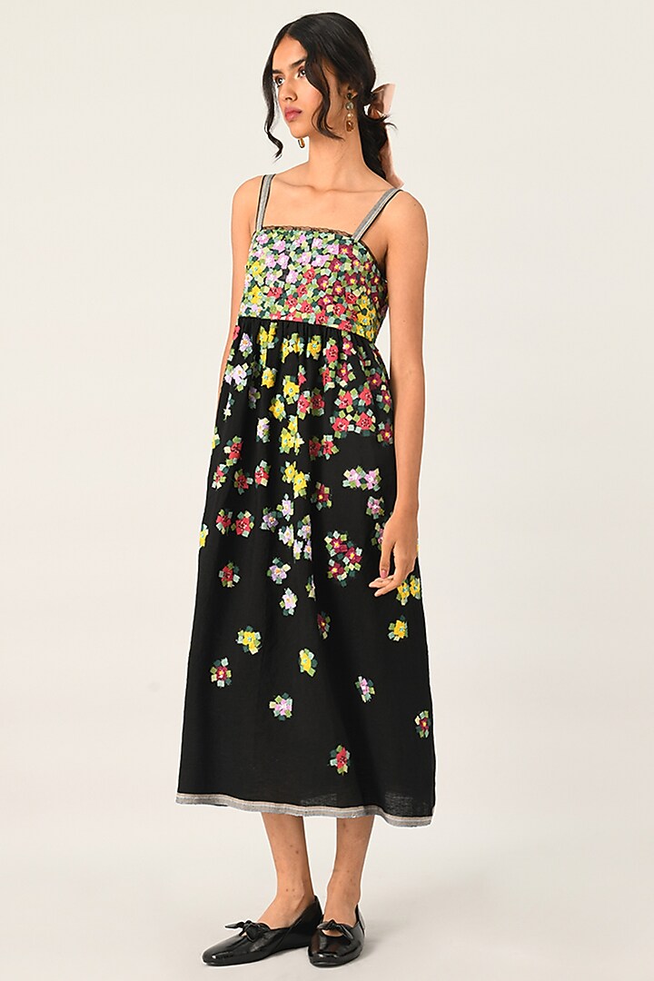 Black Handloom Linen Applique Embellished Strappy Cocktail Dress by Payal Pratap at Pernia's Pop Up Shop