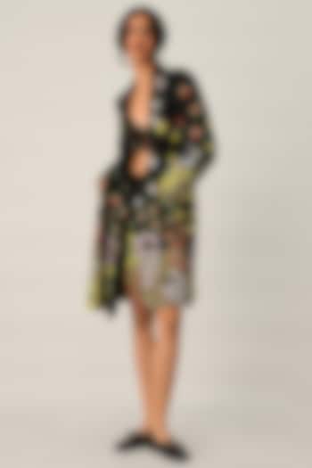 Black Linen Applique Embroidered Knee-Length Jacket by Payal Pratap at Pernia's Pop Up Shop