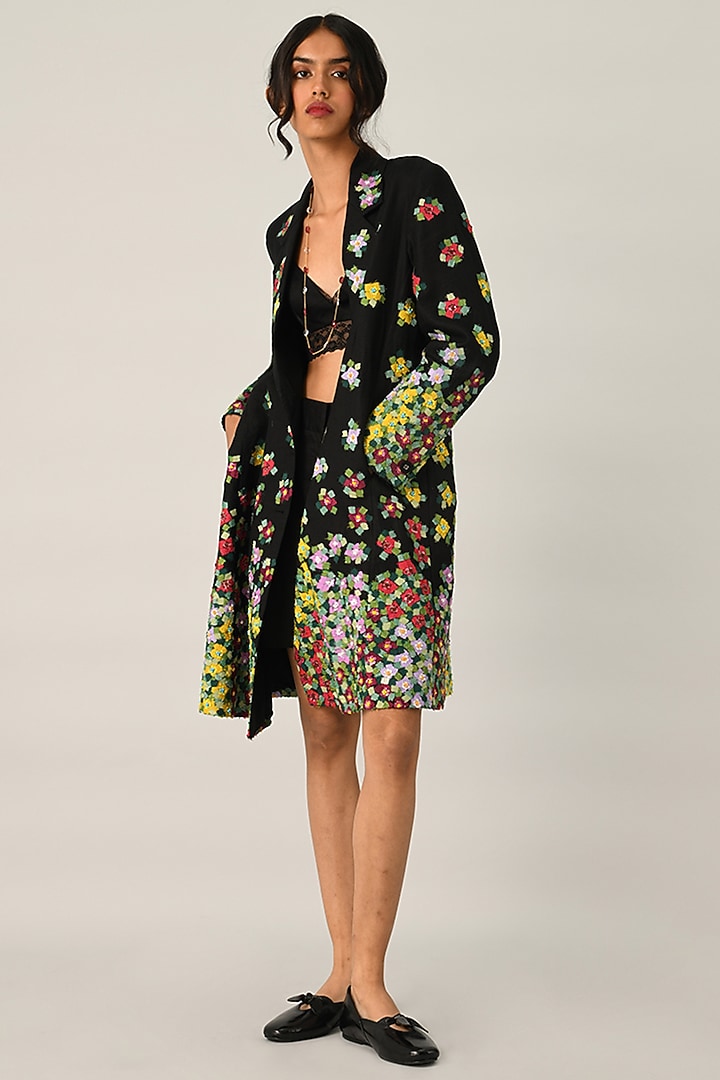Black Linen Applique Embroidered Knee-Length Jacket by Payal Pratap at Pernia's Pop Up Shop