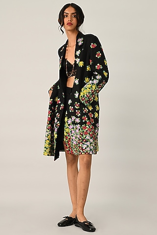 Black Linen Applique Embroidered Knee-Length Jacket by Payal Pratap