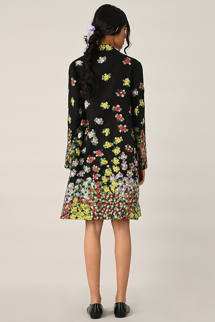 Black Linen Applique Embroidered Knee-Length Jacket by Payal Pratap at Pernia's Pop Up Shop