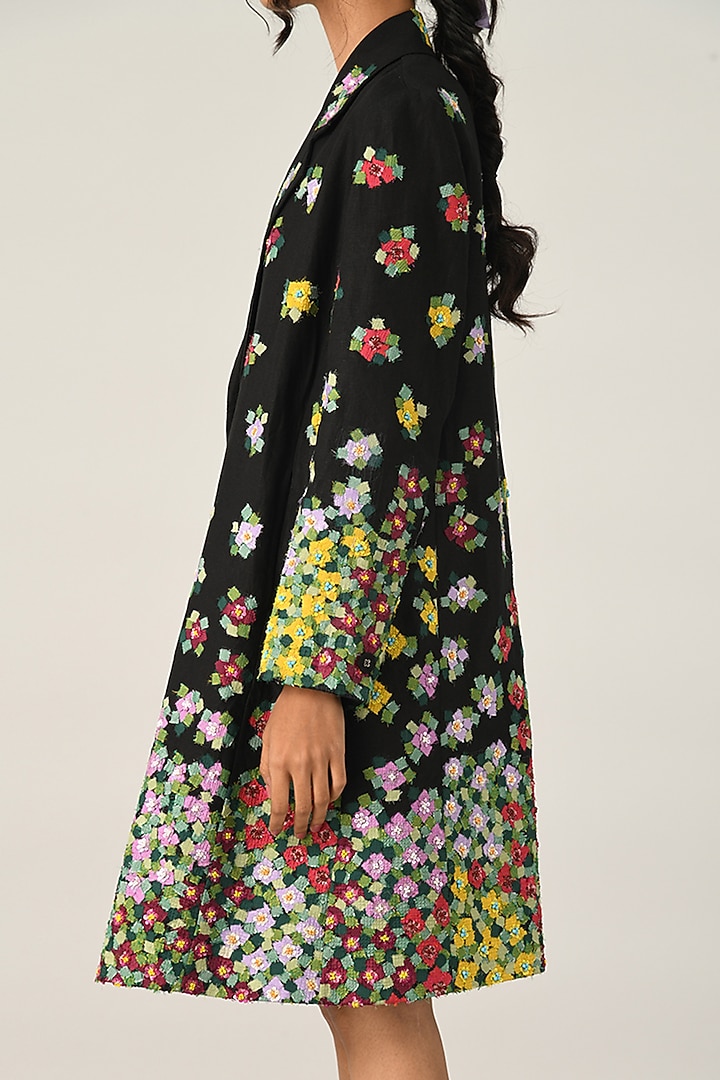 Black Linen Applique Embroidered Knee-Length Jacket by Payal Pratap at Pernia's Pop Up Shop