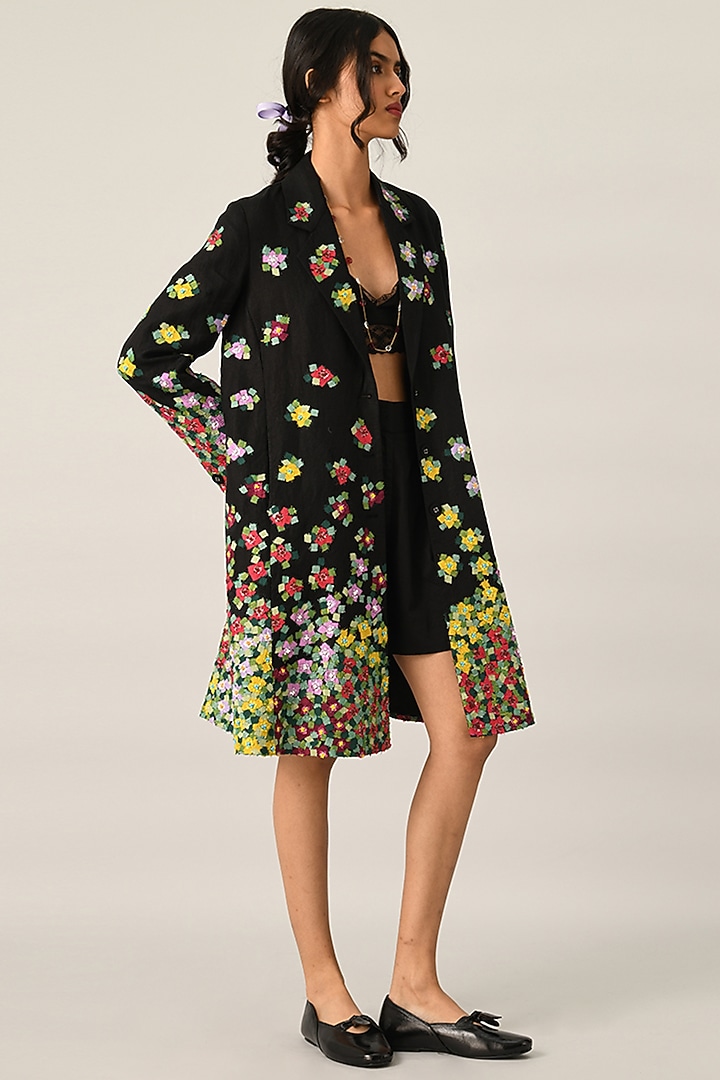 Black Linen Applique Embroidered Knee-Length Jacket by Payal Pratap at Pernia's Pop Up Shop