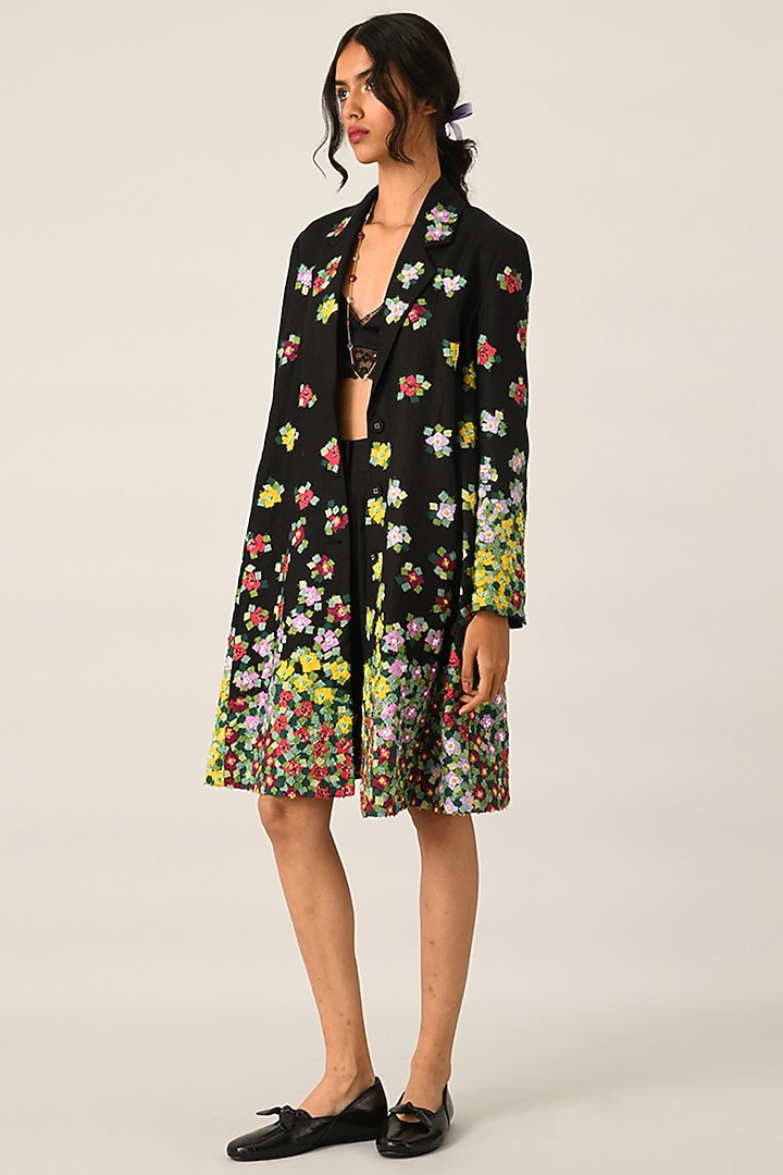 Black Linen Applique Embroidered Knee-Length Jacket by Payal Pratap at Pernia's Pop Up Shop