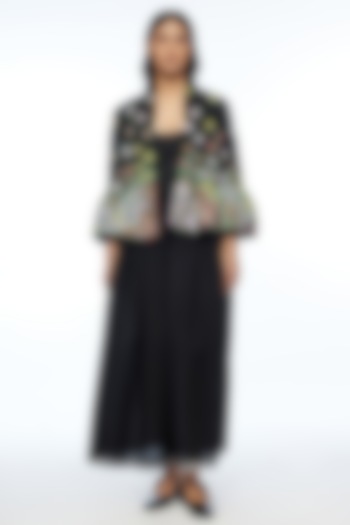 Black Viscose Linen Applique Embroidered Open Jacket by Payal Pratap at Pernia's Pop Up Shop