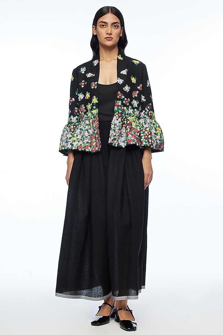 Black Viscose Linen Applique Embroidered Open Jacket by Payal Pratap at Pernia's Pop Up Shop