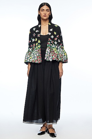 Black Viscose Linen Applique Embroidered Open Jacket by Payal Pratap