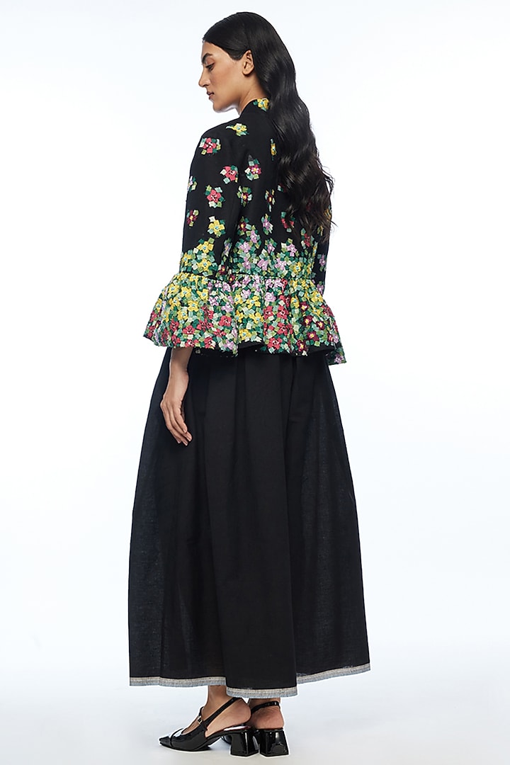 Black Viscose Linen Applique Embroidered Open Jacket by Payal Pratap at Pernia's Pop Up Shop