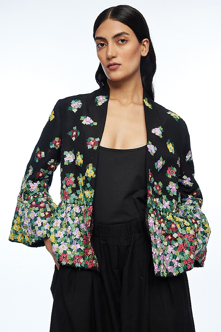 Black Viscose Linen Applique Embroidered Open Jacket by Payal Pratap at Pernia's Pop Up Shop