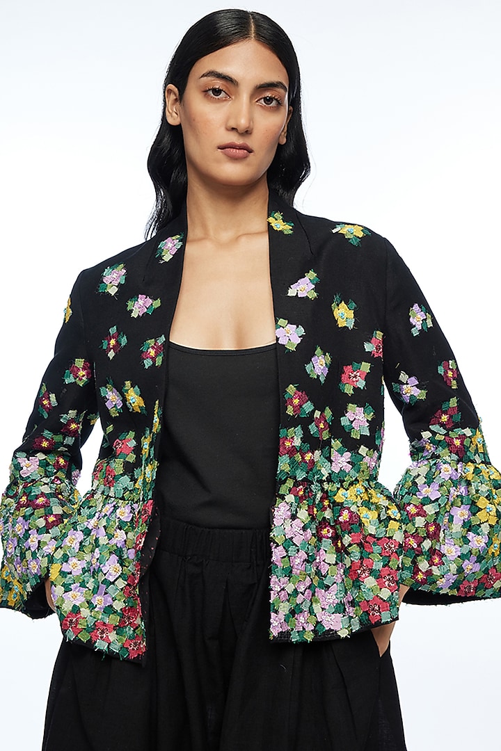 Black Viscose Linen Applique Embroidered Open Jacket by Payal Pratap at Pernia's Pop Up Shop