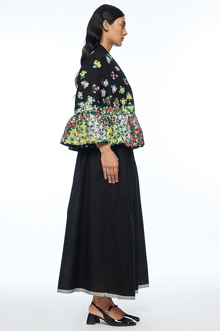Black Viscose Linen Applique Embroidered Open Jacket by Payal Pratap at Pernia's Pop Up Shop