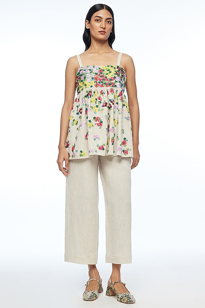 Beige Handloom Cotton Linen Applique Embroidered Strappy Top by Payal Pratap at Pernia's Pop Up Shop