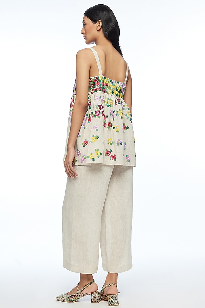 Beige Handloom Cotton Linen Applique Embroidered Strappy Top by Payal Pratap at Pernia's Pop Up Shop
