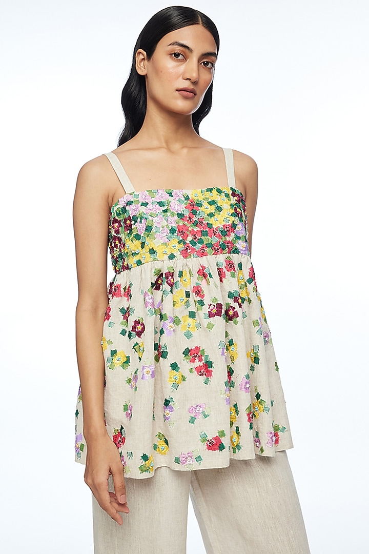 Beige Handloom Cotton Linen Applique Embroidered Strappy Top by Payal Pratap at Pernia's Pop Up Shop