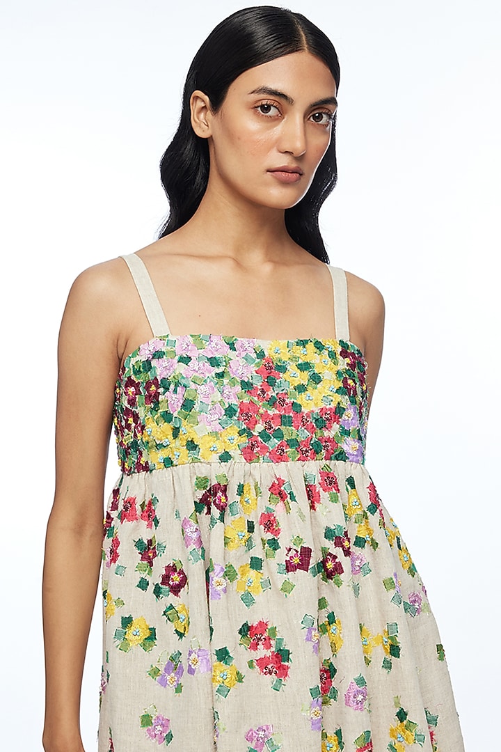 Beige Handloom Cotton Linen Applique Embroidered Strappy Top by Payal Pratap at Pernia's Pop Up Shop