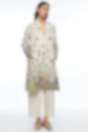 Beige Linen Applique Embroidered Knee-Length Jacket by Payal Pratap at Pernia's Pop Up Shop