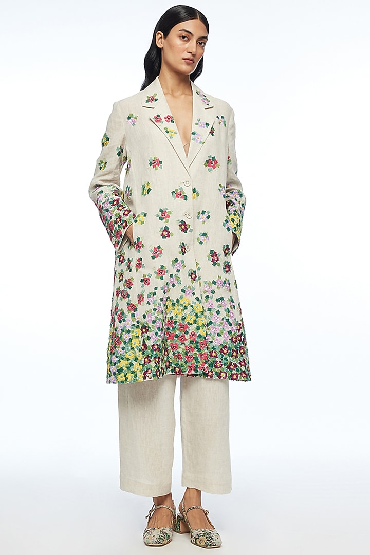 Beige Linen Applique Embroidered Knee-Length Jacket by Payal Pratap at Pernia's Pop Up Shop