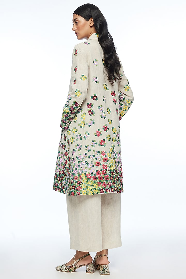 Beige Linen Applique Embroidered Knee-Length Jacket by Payal Pratap at Pernia's Pop Up Shop