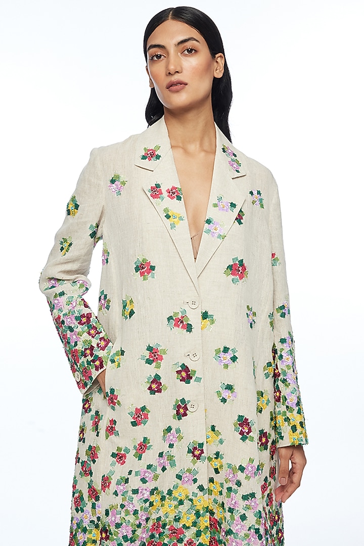 Beige Linen Applique Embroidered Knee-Length Jacket by Payal Pratap at Pernia's Pop Up Shop