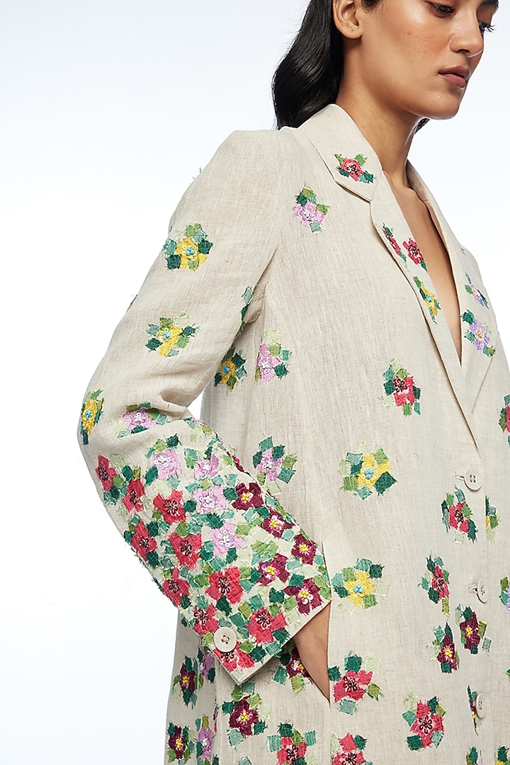 Beige Linen Applique Embroidered Knee-Length Jacket by Payal Pratap at Pernia's Pop Up Shop