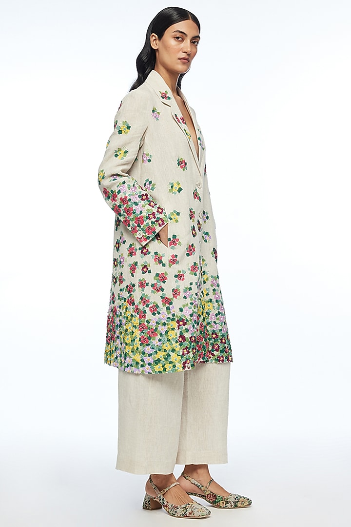 Beige Linen Applique Embroidered Knee-Length Jacket by Payal Pratap at Pernia's Pop Up Shop