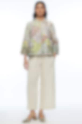 Beige Linen Applique Embroidered A-Line Jacket by Payal Pratap at Pernia's Pop Up Shop