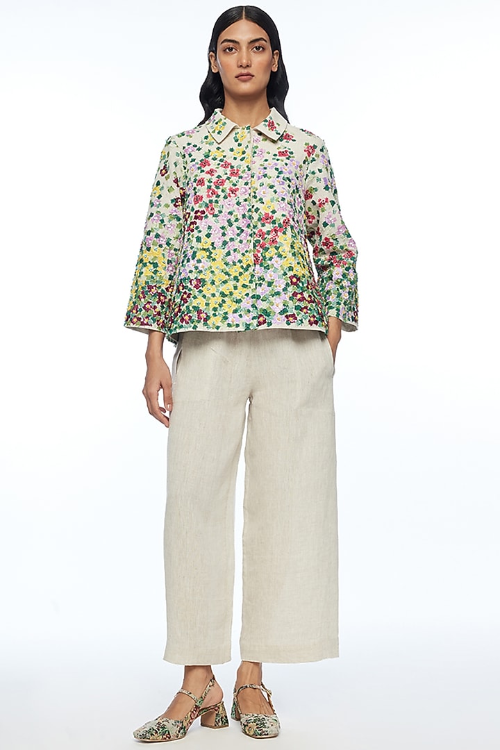 Beige Linen Applique Embroidered A-Line Jacket by Payal Pratap at Pernia's Pop Up Shop