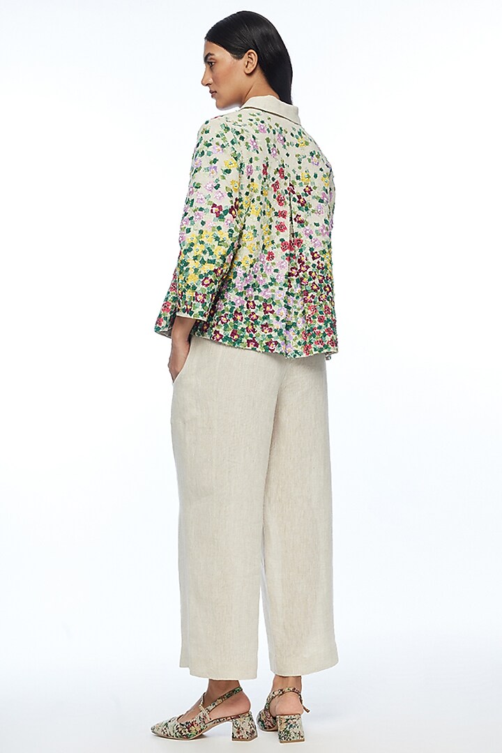 Beige Linen Applique Embroidered A-Line Jacket by Payal Pratap at Pernia's Pop Up Shop