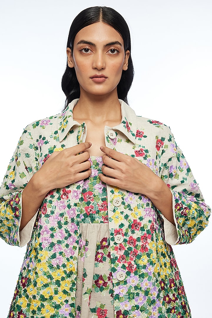 Beige Linen Applique Embroidered A-Line Jacket by Payal Pratap at Pernia's Pop Up Shop
