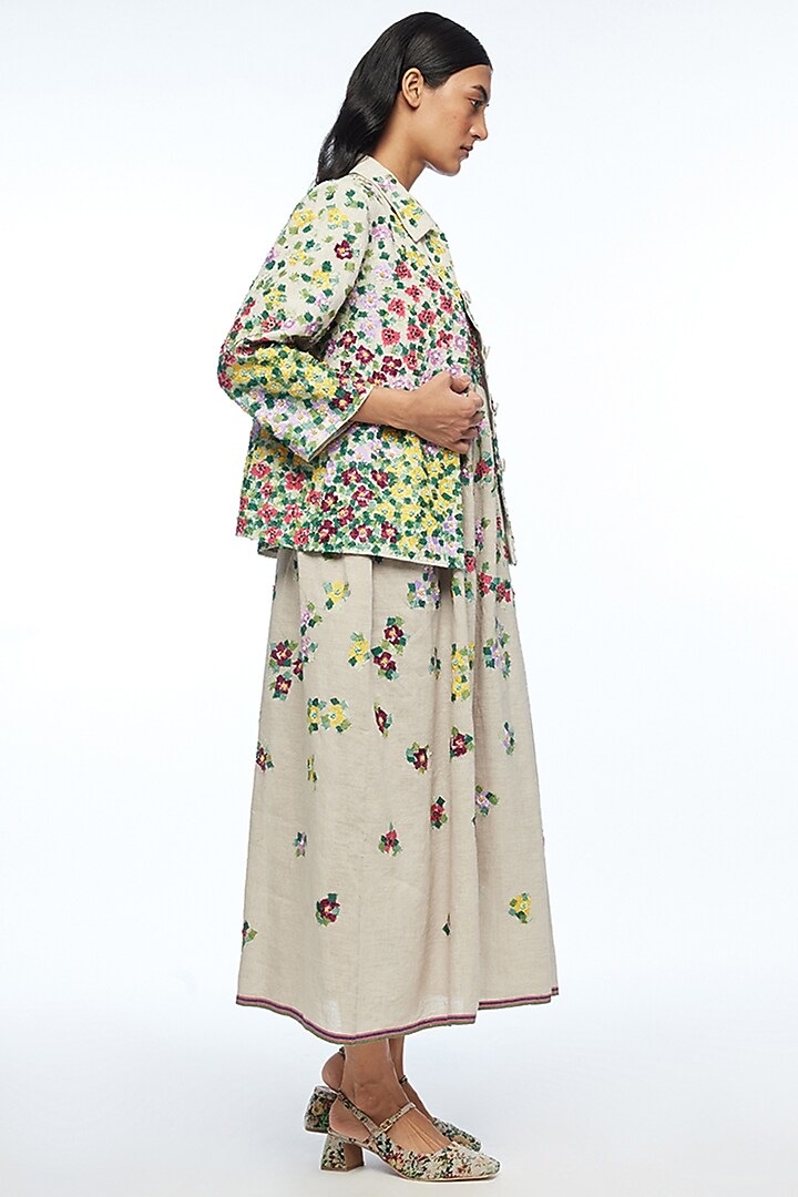 Beige Linen Applique Embroidered A-Line Jacket by Payal Pratap at Pernia's Pop Up Shop